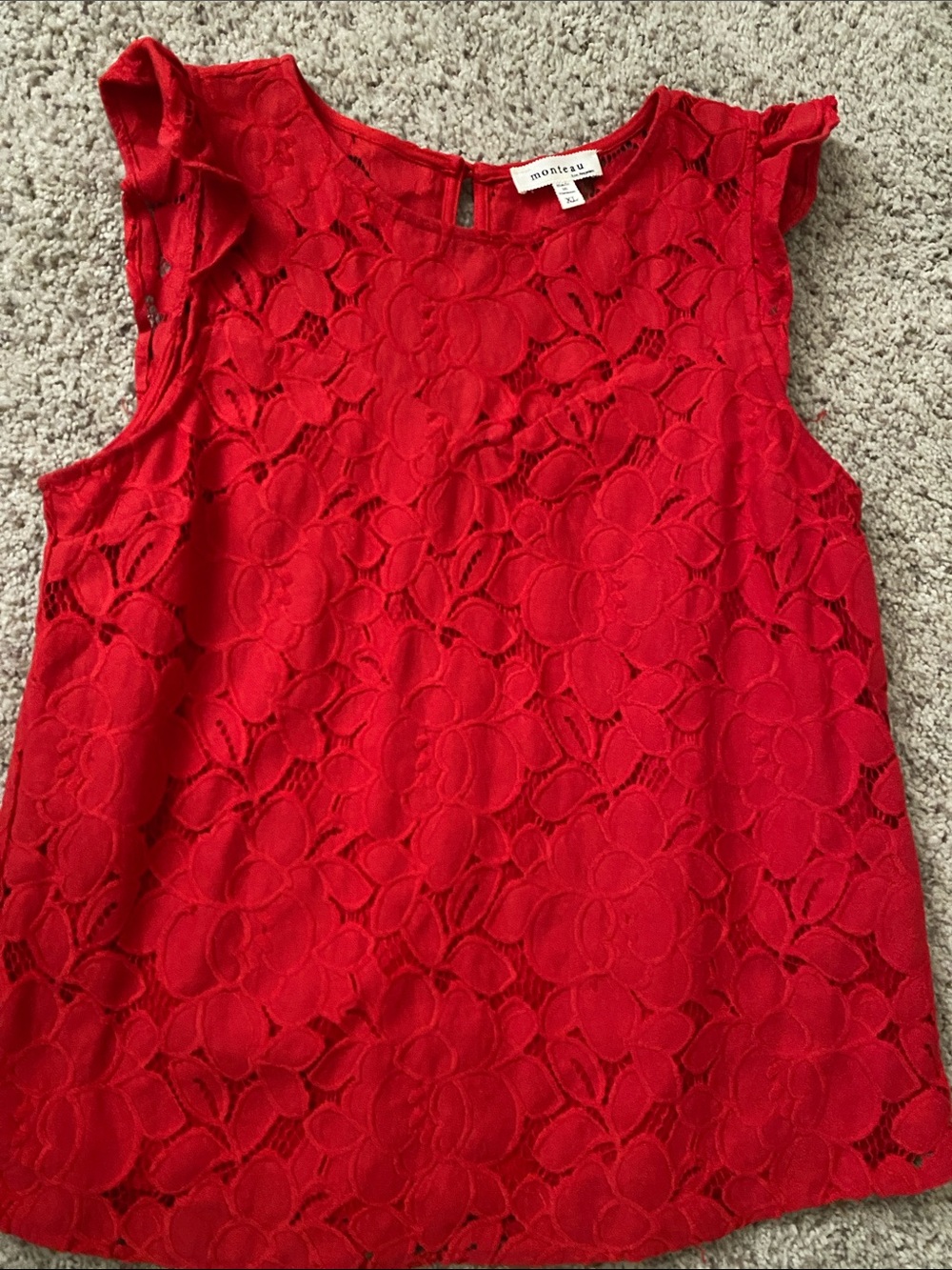 Monteau Red Lace Sleeveless Top with Flutter Cap Details